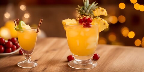 PINEAPPLE HOUSE INFUSED VODKA, COINTREAU, LIME AND CRANBERRY JUICES, TOPPED WITH SPARKING WINE on the wooden table with Bokeh lights background with copy space