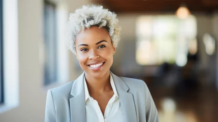 Foto op Plexiglas Close up portrait of a smiling businesswoman in suit standing against office background. © MP Studio