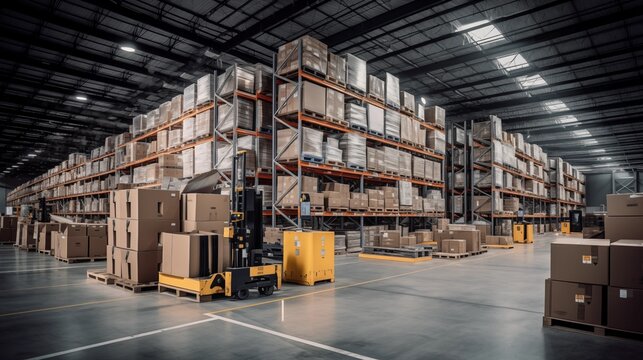 Close up photo of large logistic business transport warehouse indoors with boxes and palletes for logistic purposes