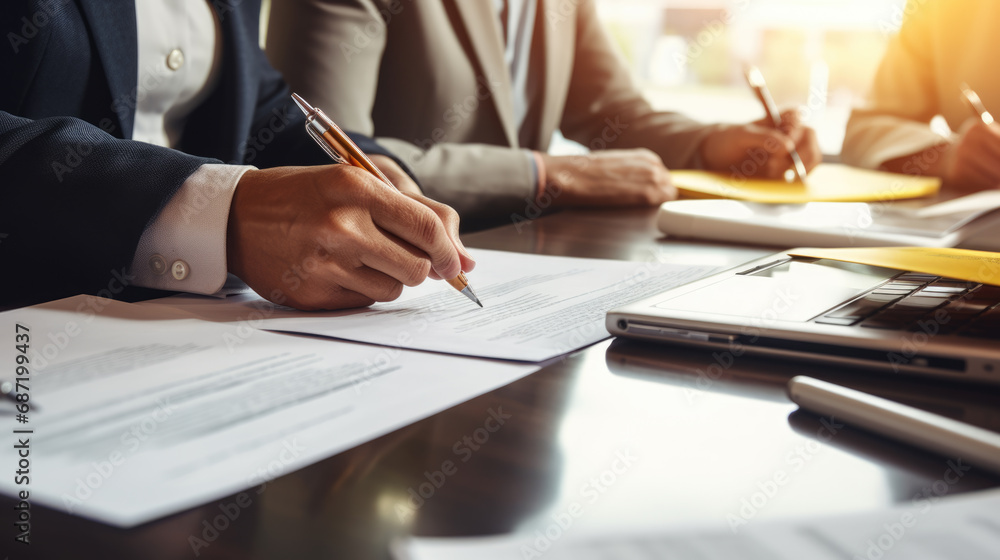 Poster close-up view of hands signing a document, with multiple individuals engaged in a business meeting a
