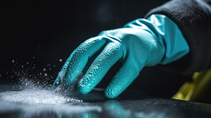 Close-up of hands wearing rubber gloves cleaning a surface