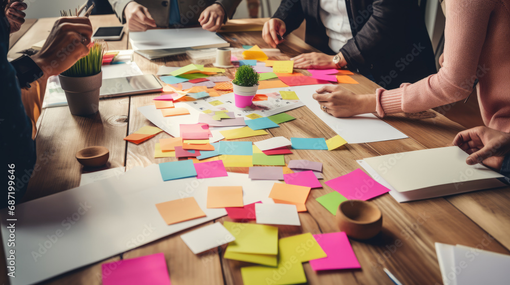Poster close-up of a busy brainstorming session with multiple hands, colorful post-it notes, and documents 