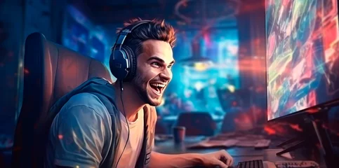 Foto op Canvas cheerful and joyful gamer, in the process of playing on the computer. advertising photo for gaming copyuternyh clubs and cyber sports. Generative AI © Yuriy Maslov