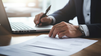 Close-up of a man's hands typing on a laptop keyboard, with a stack of paperwork beside them