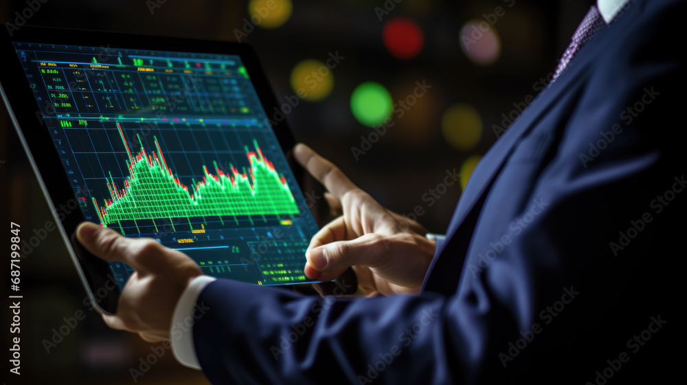Poster businessman or trader holding tablet with graphs and charts against black background