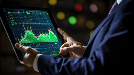 Businessman or trader holding tablet with graphs and charts against black background