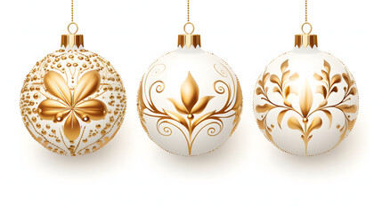 set of white and gold realistic christmas decorations.