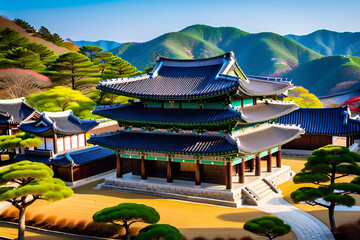 Obraz premium Nestled against a backdrop of rolling hills, the unique architecture of Korean temples with their dynamic tiled roofs creates a mesmerizing scene. Generative AI.