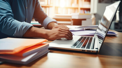 Close-up of a man's hands typing on a laptop keyboard, with a stack of paperwork beside them