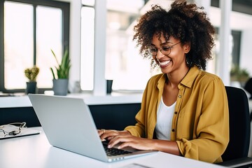 Business woman typing on laptop, Happy business woman professional typing notes finance report overview, lawyer attorney checking document, working on laptop computer device sitting at desk in office