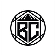 BC Letter Logo monogram hexagon slice crown sharp shield shape isolated circle abstract style design