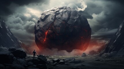 a person standing in front of a large rock with lava coming out of it
