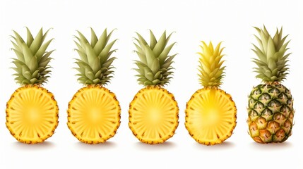 pineapple assortment Isolated whole and sliced pineapple on a white background.