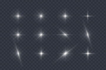 Stars and light effects on a transparent background. Vector glowing elements isolated. Illuminated particles of the star set.