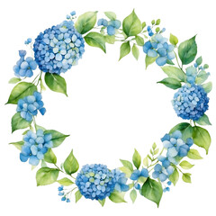 Watercolor illustration blue Hydrangea flowers with green vivid leafs border. Creative graphics design.