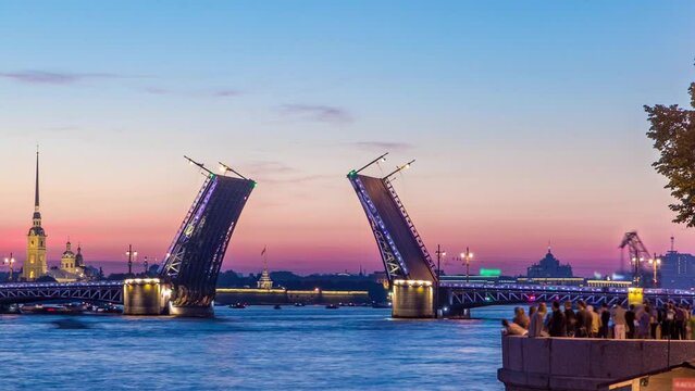 Romantic White Nights: Timelapse of the closing Palace Bridge Framing the Spire of Peter and Paul Fortress, a Classic St. Petersburg Icon