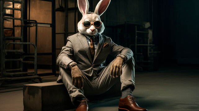 A photo of an anthropomorphic rabbit dressed in luxurious designer urban wear and sneakers, styled as a fashion shoot. Generative AI