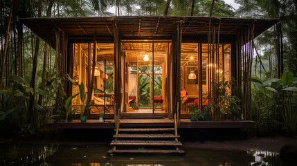A small one-story house amidst a bamboo garden. Made from local materials Combined with exterior...