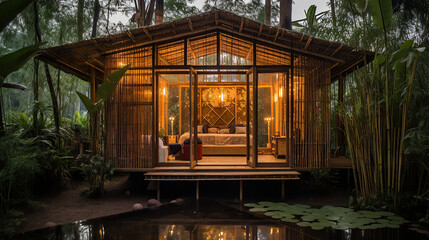 A small one-story house amidst a bamboo garden. Made from local materials Combined with exterior decorative glass Located in the northeastern region of Thailand. - Powered by Adobe