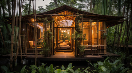 A small one-story house amidst a bamboo garden. Made from local materials Combined with exterior decorative glass Located in the northeastern region of Thailand.