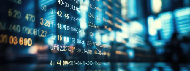 Fotobehang Close-up of a digital screen displaying financial stock market data with graphs and analytics, illustrating market trends and investment analysis. © MP Studio