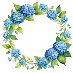 Watercolor illustration blue Hydrangea flowers with green vivid leafs border. Creative graphics design.