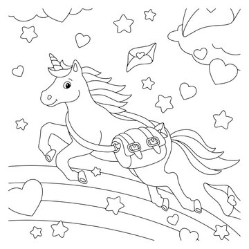 Unicorn postman with a bag of love letters. Coloring book page for kids. Valentine's Day. Cartoon style character. Vector illustration isolated on white background.
