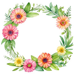 Fototapeta premium Watercolor illustration colorful transvaal daisy flowers with green vivid leafs border. Creative graphics design.