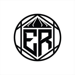 ER Letter Logo monogram hexagon slice crown sharp shield shape isolated circle abstract style design