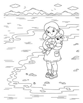 Little cute girl is holding a turtle. Coloring book page for kids. Cartoon style character. Vector illustration isolated on white background.