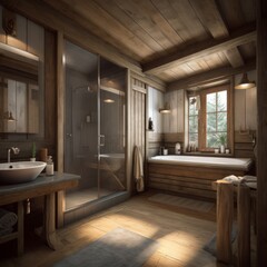 Cozy interior of bathroom in modern Swiss chalet.