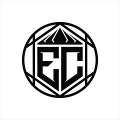 EC Letter Logo monogram hexagon slice crown sharp shield shape isolated circle abstract style design