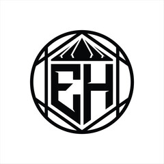 EH Letter Logo monogram hexagon slice crown sharp shield shape isolated circle abstract style design
