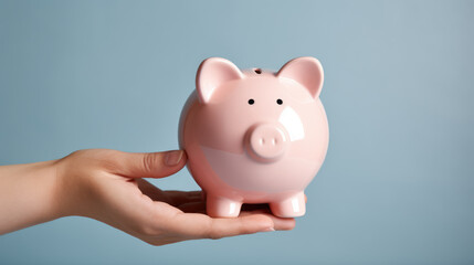 Hand holding a pink piggy bank, symbolizing personal savings and financial planning.