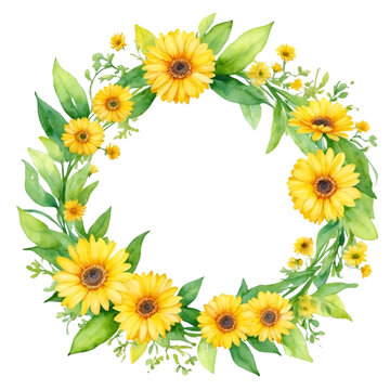 Watercolor illustration yellow transvaal daisy flowers with green vivid leafs border. Creative graphics design.
