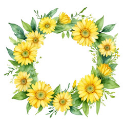 Watercolor illustration yellow transvaal daisy flowers with green vivid leafs border. Creative graphics design.