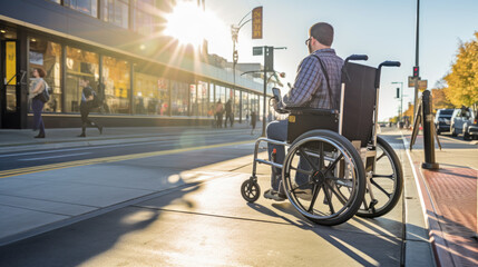 Person in a manual wheelchair waiting at a public transport stop, highlighting urban accessibility and the integration of disability-friendly features in public transportation. - obrazy, fototapety, plakaty