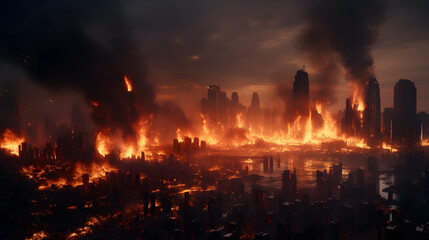 Fototapeta na wymiar Burning city Warzone city with smoke and fire..