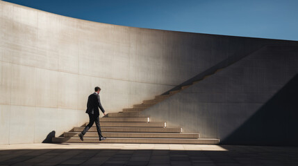 A man in a business suit walking up the stairs outside