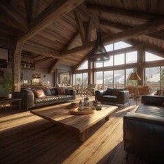 Interior of living room in modern Swiss chalet.