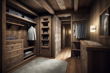 Cozy and comfortable interior of wardrobe room with wooden furniture in modern Swiss chalet