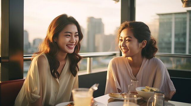 Two beautiful Asian woman friends are meeting and having a dinner party at a skyscraper rooftop restaurant in the metropolis at summer sunset.