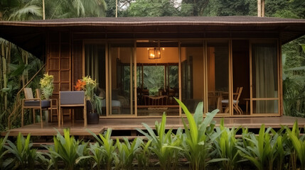 A small one-story house amidst a bamboo garden. Made from local materials Combined with exterior decorative glass Located in the northeastern region of Thailand.