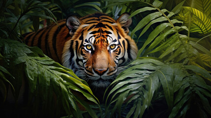 Fototapeta premium A tiger in the jungle, with its stripes and powerful muscles on full display. Generative Ai