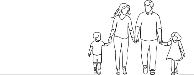 continuous single line drawing of mother and father with two children walking hand in hand, family line art vector illustration