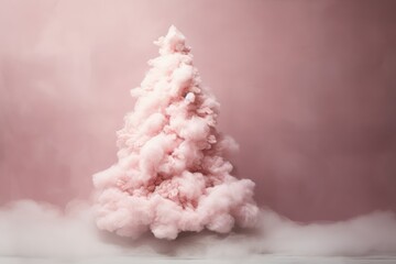 Pink Christmas tree made of smoke or cotton wool. AI generated