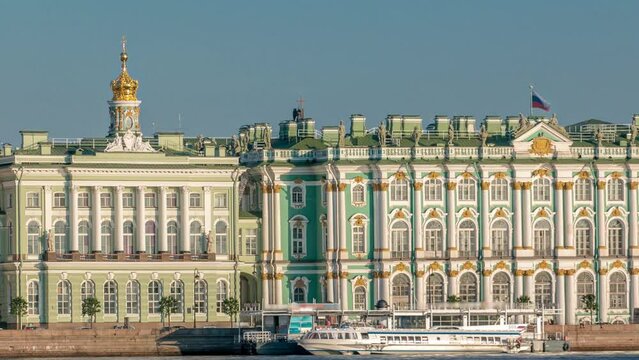 Excursion Boat with Tourists Sailing on the Neva River: Timelapse with the State Hermitage Building (Winter Palace) in Background. St. Petersburg, Russia