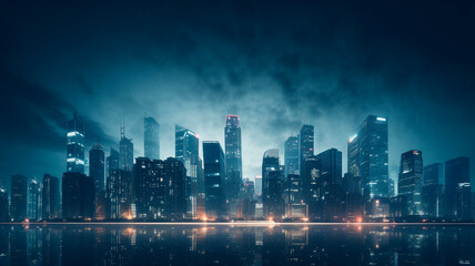 Fototapeta na wymiar Urban Reflections: Skyscrapers and City Silhouettes Illuminate Night Lights in Modern Metropolises. Generative AI