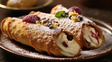 Sicilian cannoli, deep fried pastry tubes on a wooden table with sweet ricotta cream and dried candied fruits and fresh berries. Homemade Italian dessert on a plate. - obrazy, fototapety, plakaty