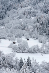 landscape with snow and two barns in a Swiss alpine valley